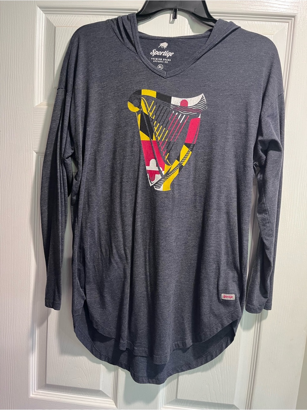 Sportiqe Gray Hooded Long Sleeve Tee with Colorful Maryland Harp Graphic